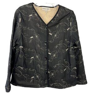 David Dart Collection Black Rayon Button Up Jacket Embroidery Women's Small EUC
